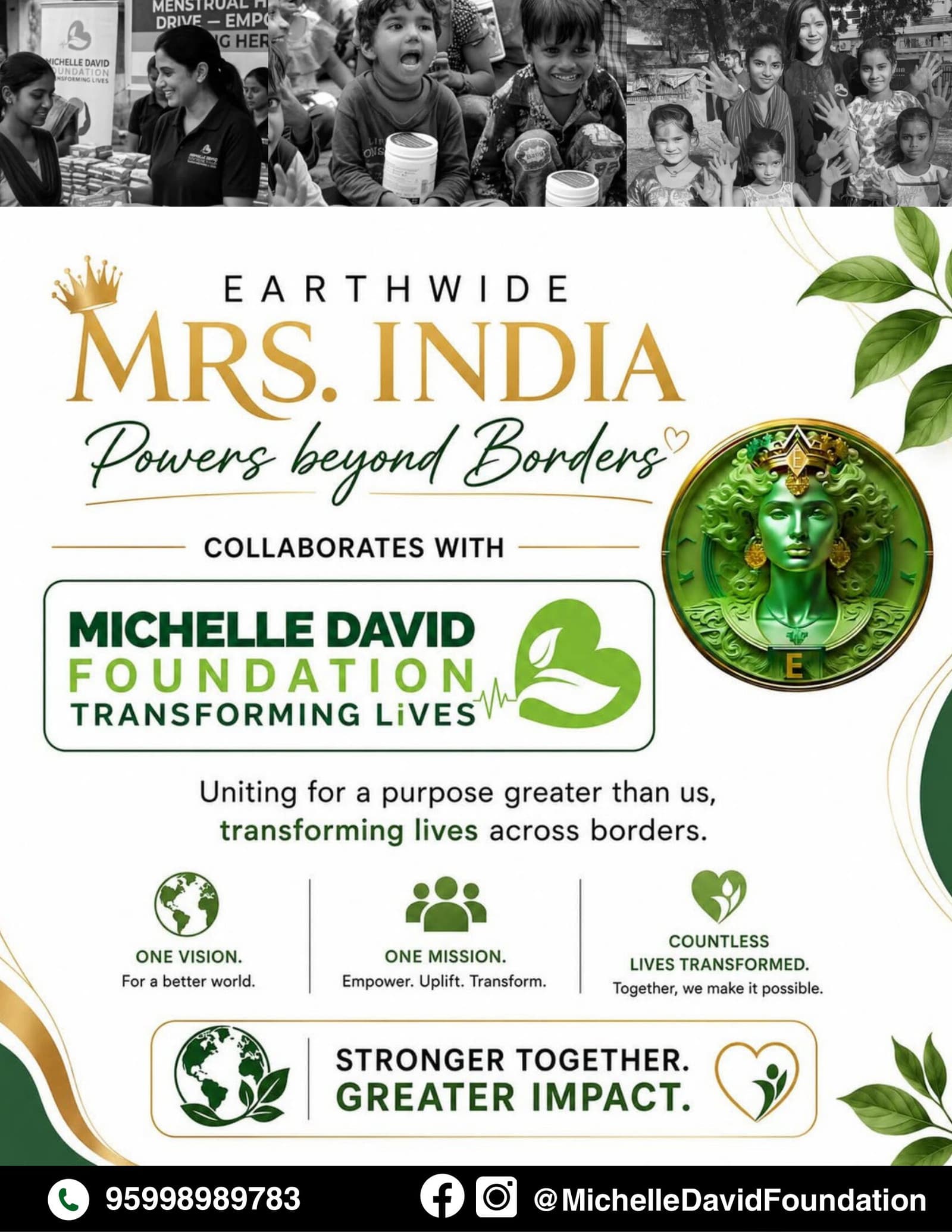 Poster announcing Earthwide Mrs India’s collaboration with the Michelle David Foundation